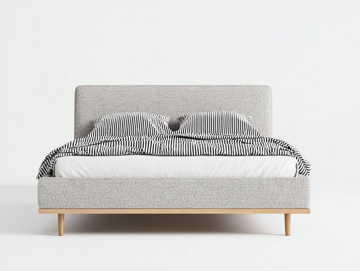 Letto matrimoniale - tessuto-legno - 208x180x110 cm - beige chiaro-legno naturale - stile moderno essenziale