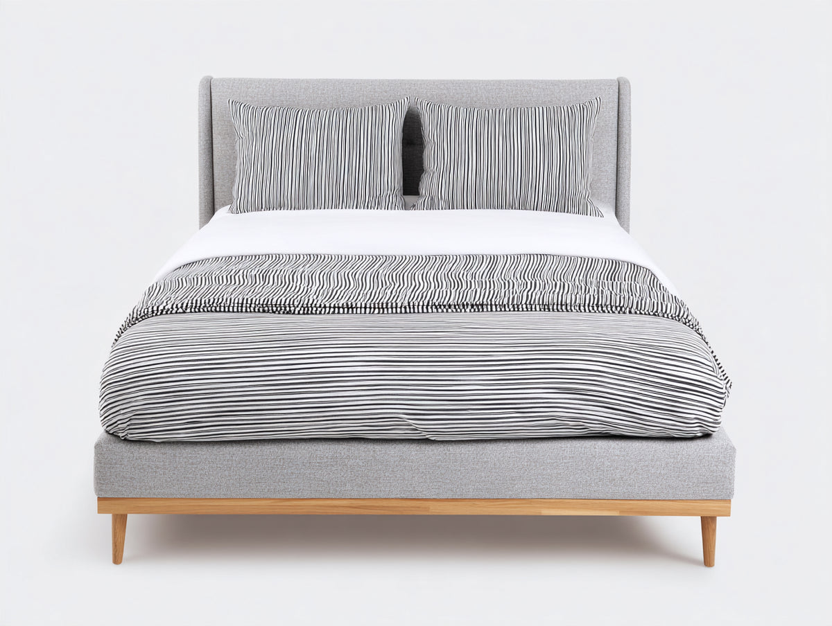 Letto matrimoniale - tessuto-legno - 209x180x112 cm - grigio chiaro-legno naturale - stile moderno minimalista