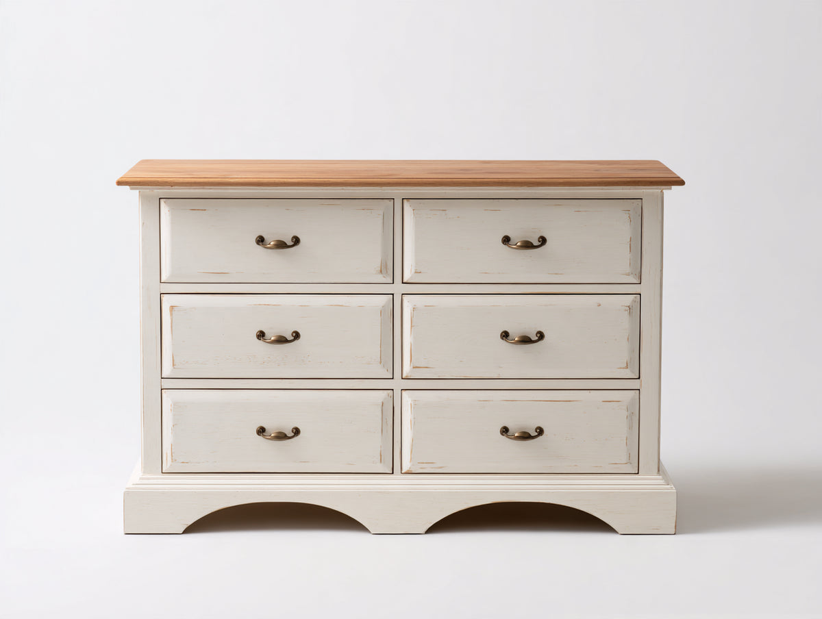 Cassettiera - legno-metallo - 125 x 43 x 82 cm - bianco anticato-legno naturale - stile rustico classico