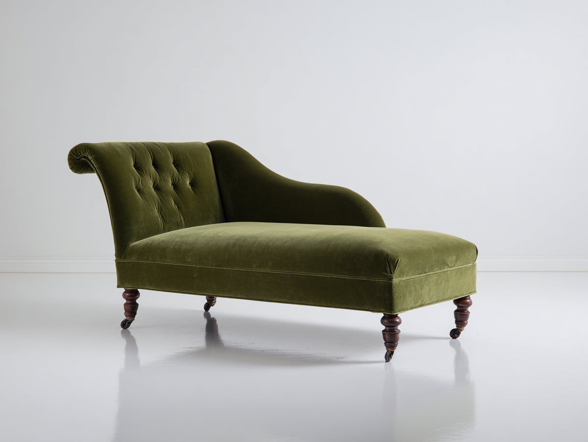 Chaise longue - velluto-legno-metallo - 172x79x84 cm - verde oliva - stile classico capitonné