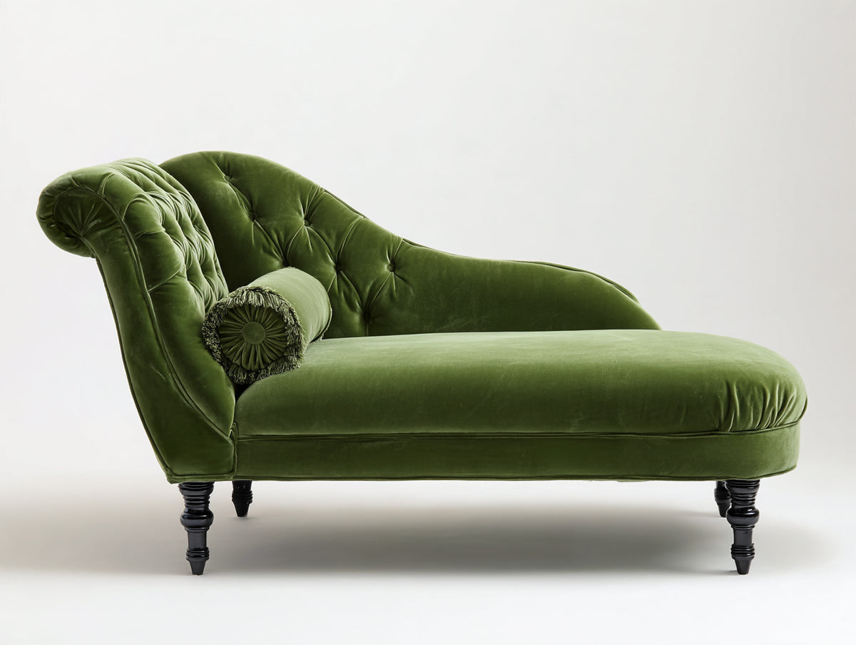 Chaise longue - velluto-legno - 175x78x89 cm - verde oliva - stile classico capitonné