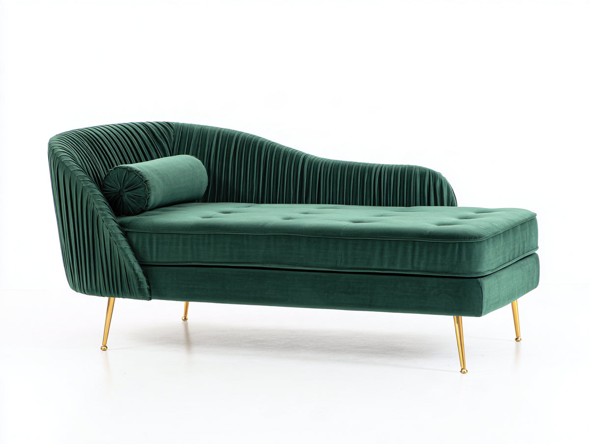 Chaise longue - velluto-metallo - 174x80x81 cm - verde smeraldo - stile moderno plissettato