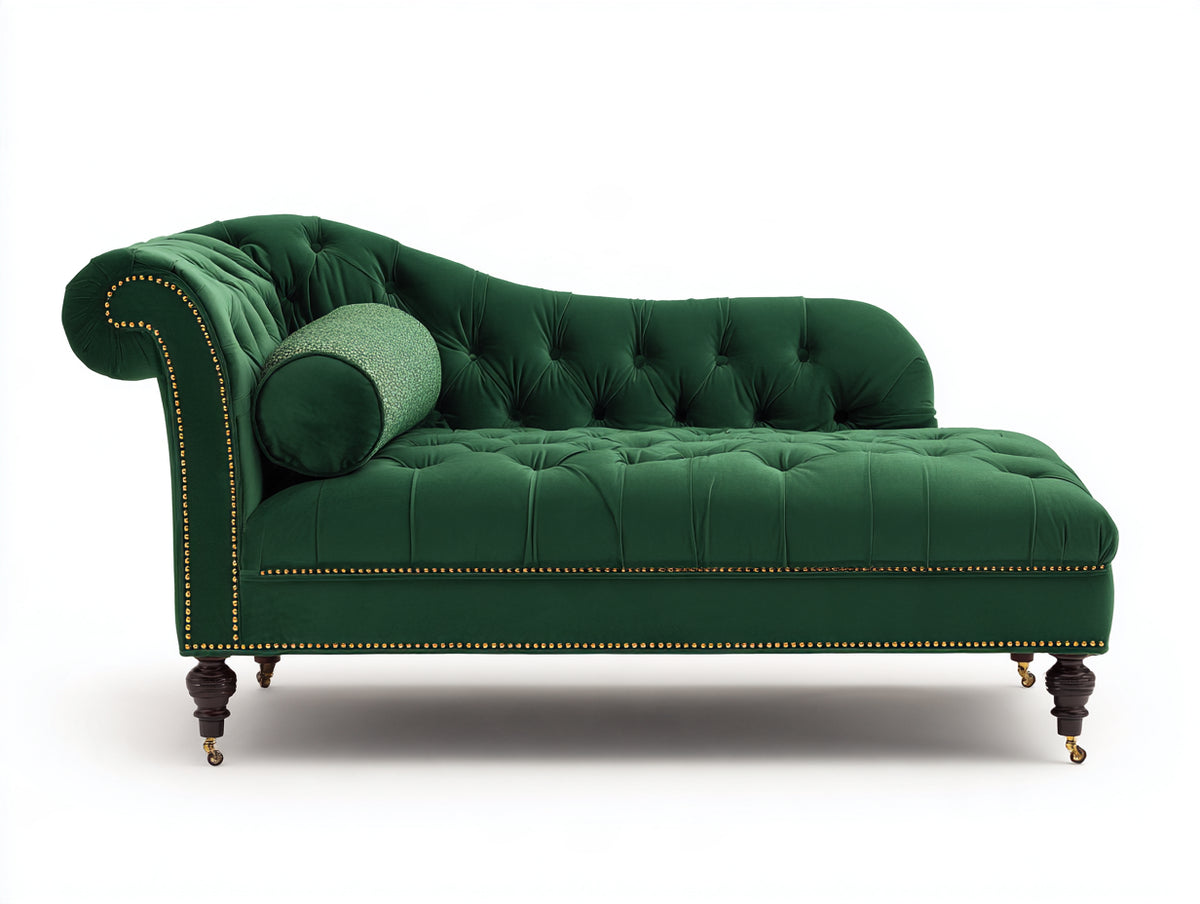 Chaise longue - velluto-legno-metallo - 180x78x88 cm - verde smeraldo - stile classico capitonné