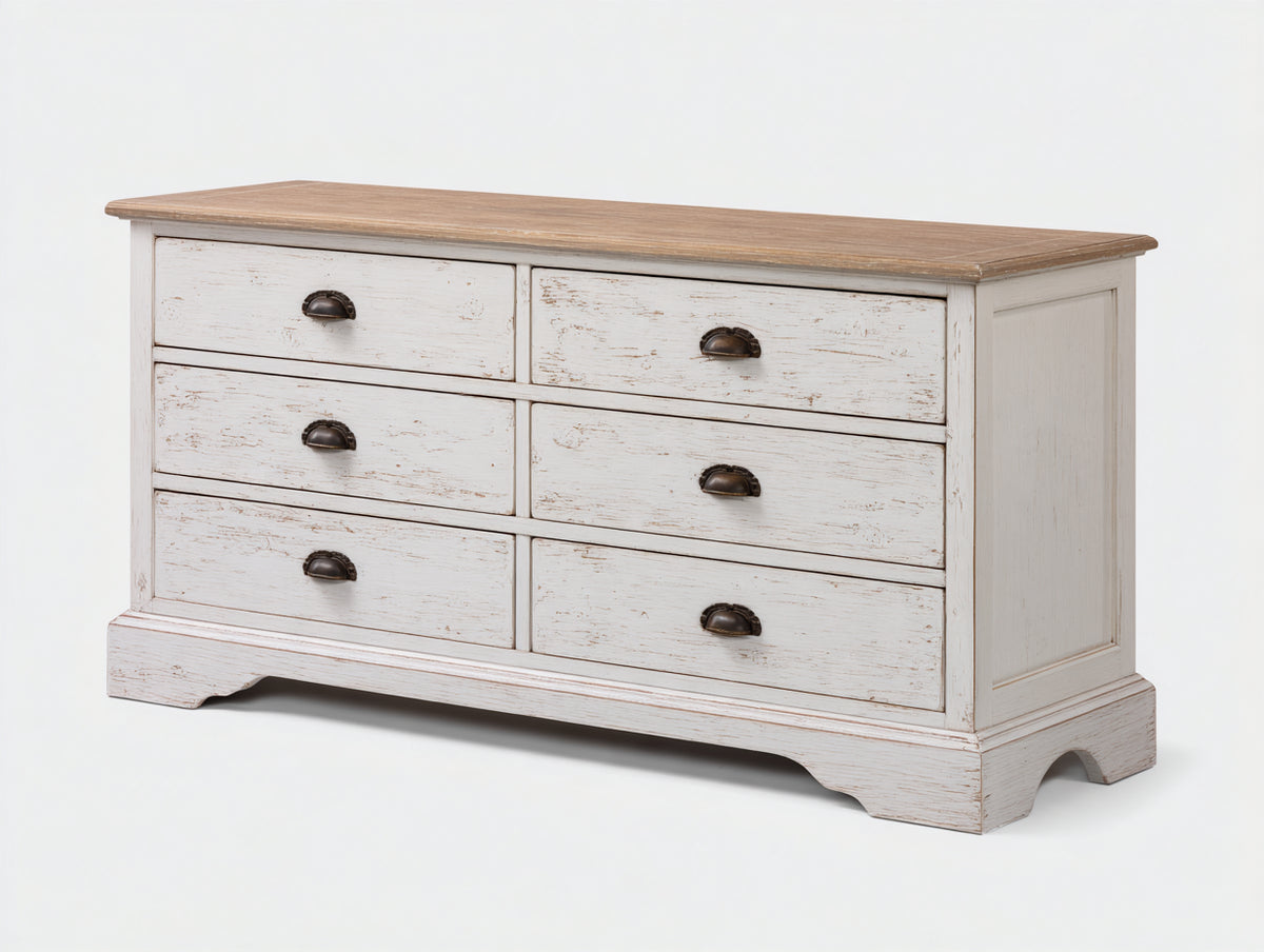 Cassettiera - legno-metallo - 140 x 45 x 80 cm - bianco anticato-legno naturale - stile rustico