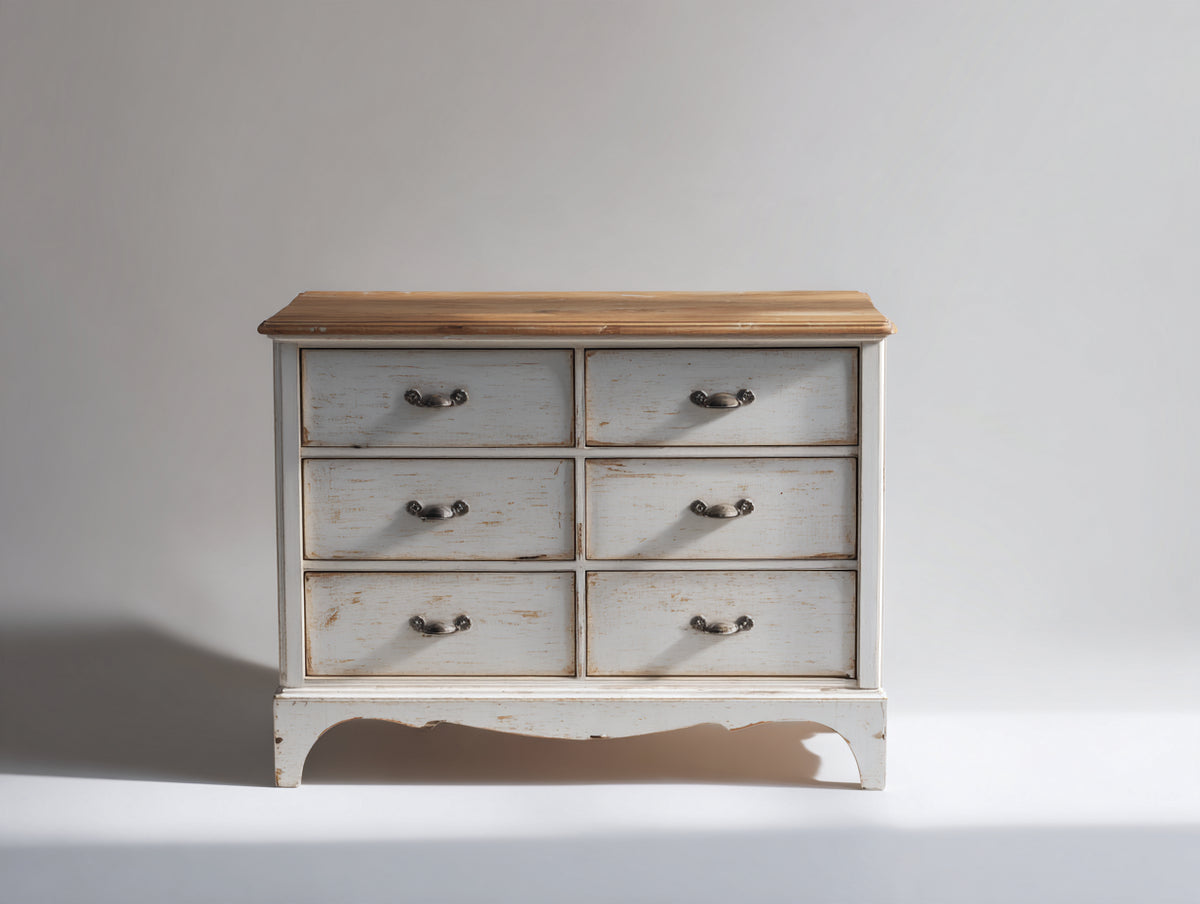 Cassettiera - legno-metallo - 105 x 40 x 82 cm - bianco anticato-legno naturale - stile rustico classico