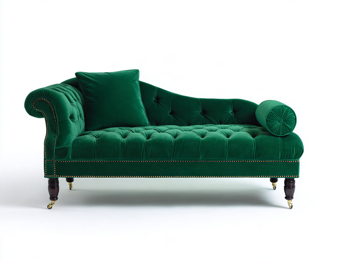 Chaise longue - velluto-legno-metallo - 182x80x86 cm - verde smeraldo - stile classico capitonné