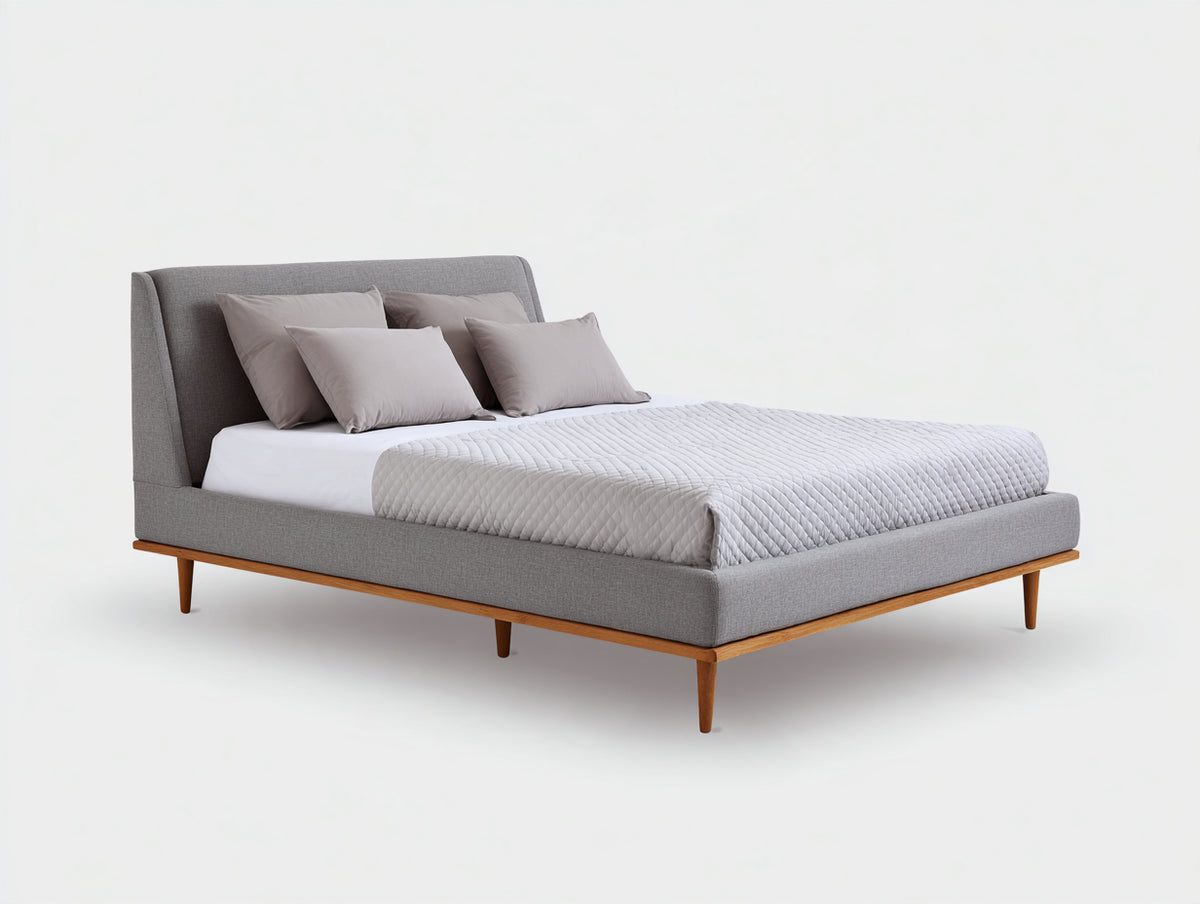 Letto matrimoniale - tessuto-legno - 210x182x110 cm - grigio medio-legno naturale - stile contemporaneo con base rialzata