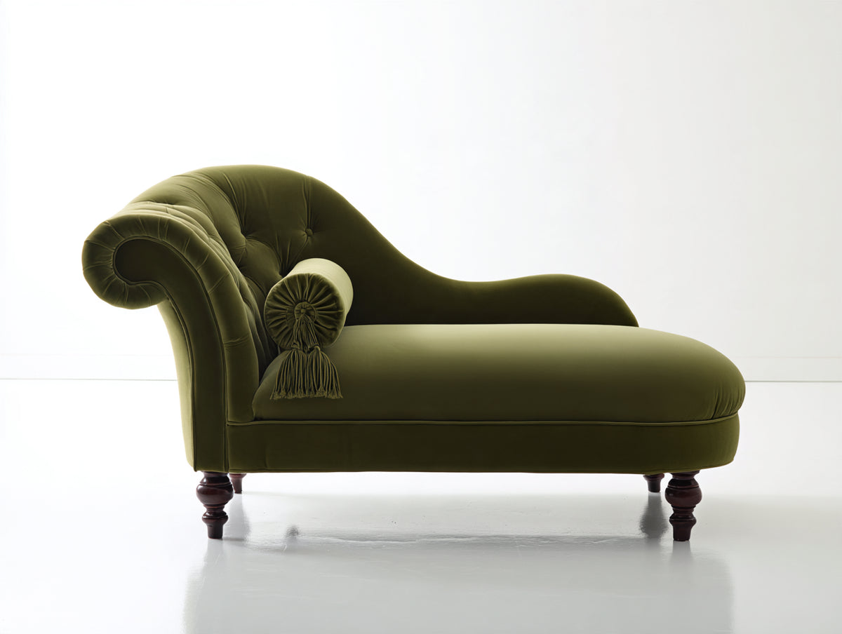 Chaise longue - velluto-legno - 171x77x86 cm - verde oliva - stile classico curvo