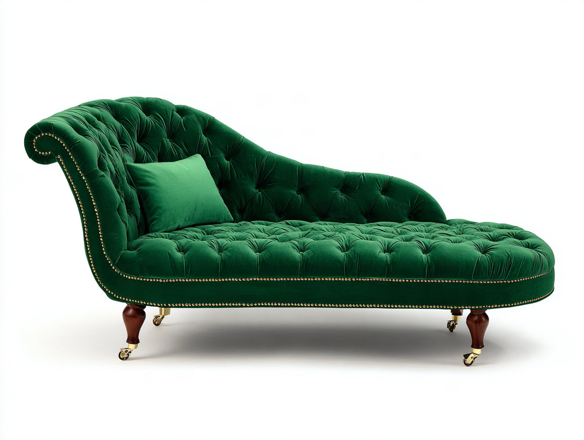 Chaise longue - velluto-legno-metallo - 185x82x86 cm - verde smeraldo - stile Chesterfield capitonné