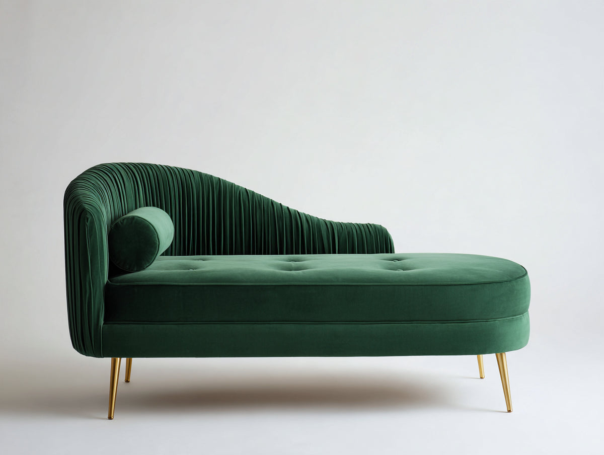 Chaise longue - velluto-metallo - 172x78x83 cm - verde smeraldo - stile moderno scanalato