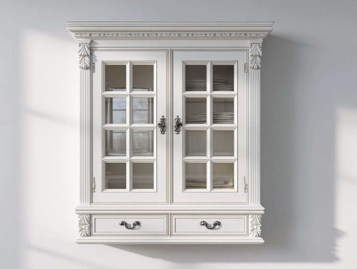 Vetrina - Legno-Vetro-Metallo - 115x36x130 cm - Bianco avorio - Stile classico decorativo