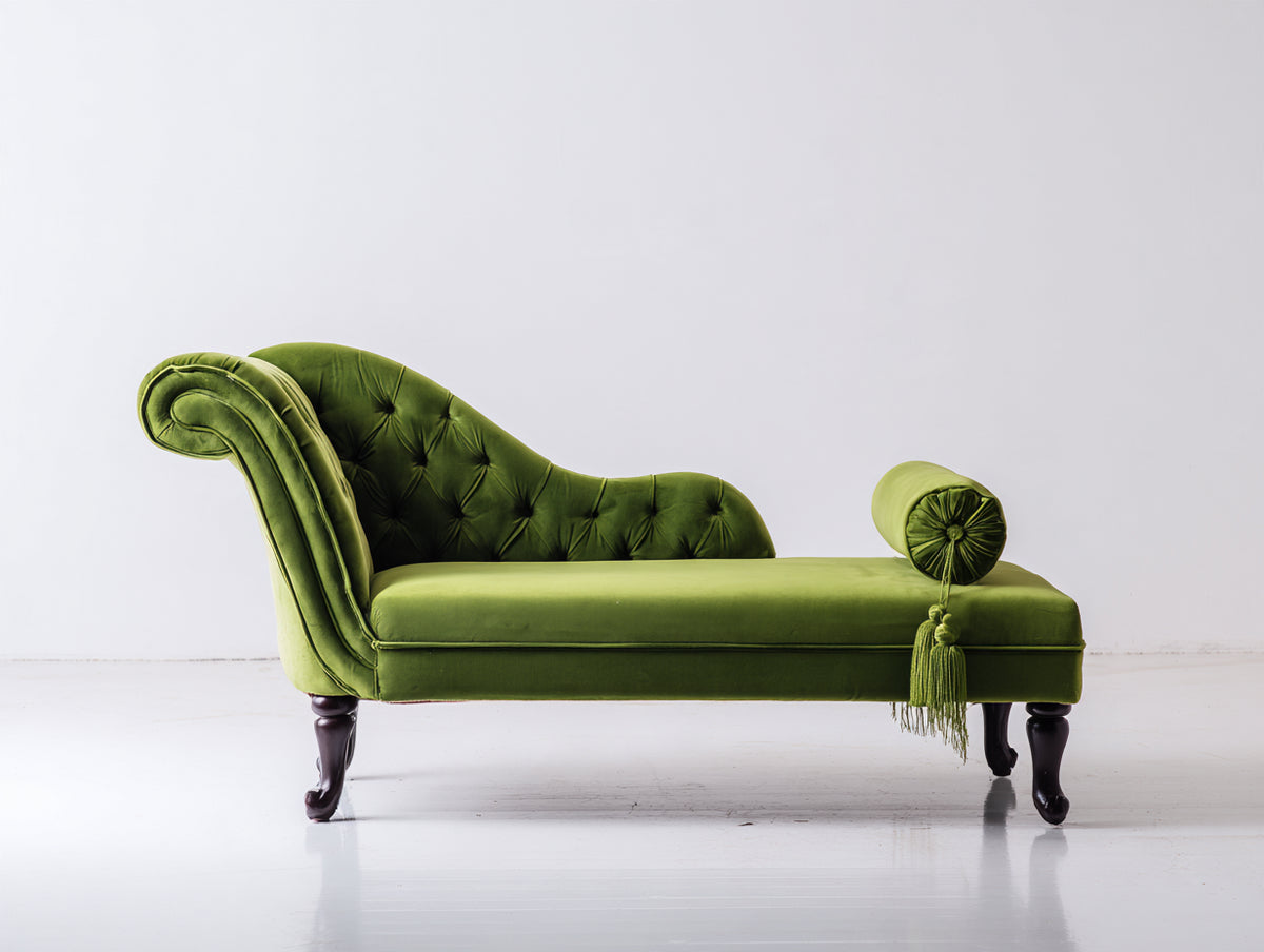 Chaise longue - velluto-legno - 169x74x87 cm - verde oliva - stile classico capitonné