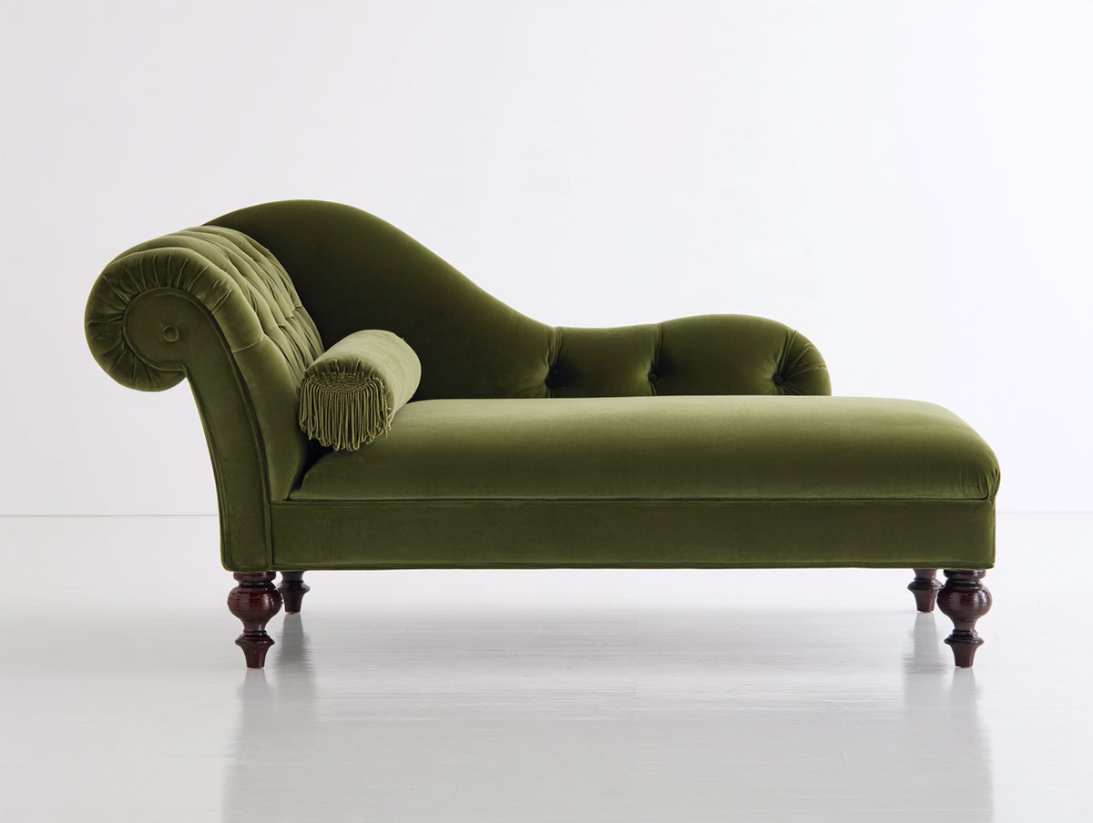 Chaise longue - velluto-legno - 177x79x88 cm - verde oliva - stile classico con schienale sagomato