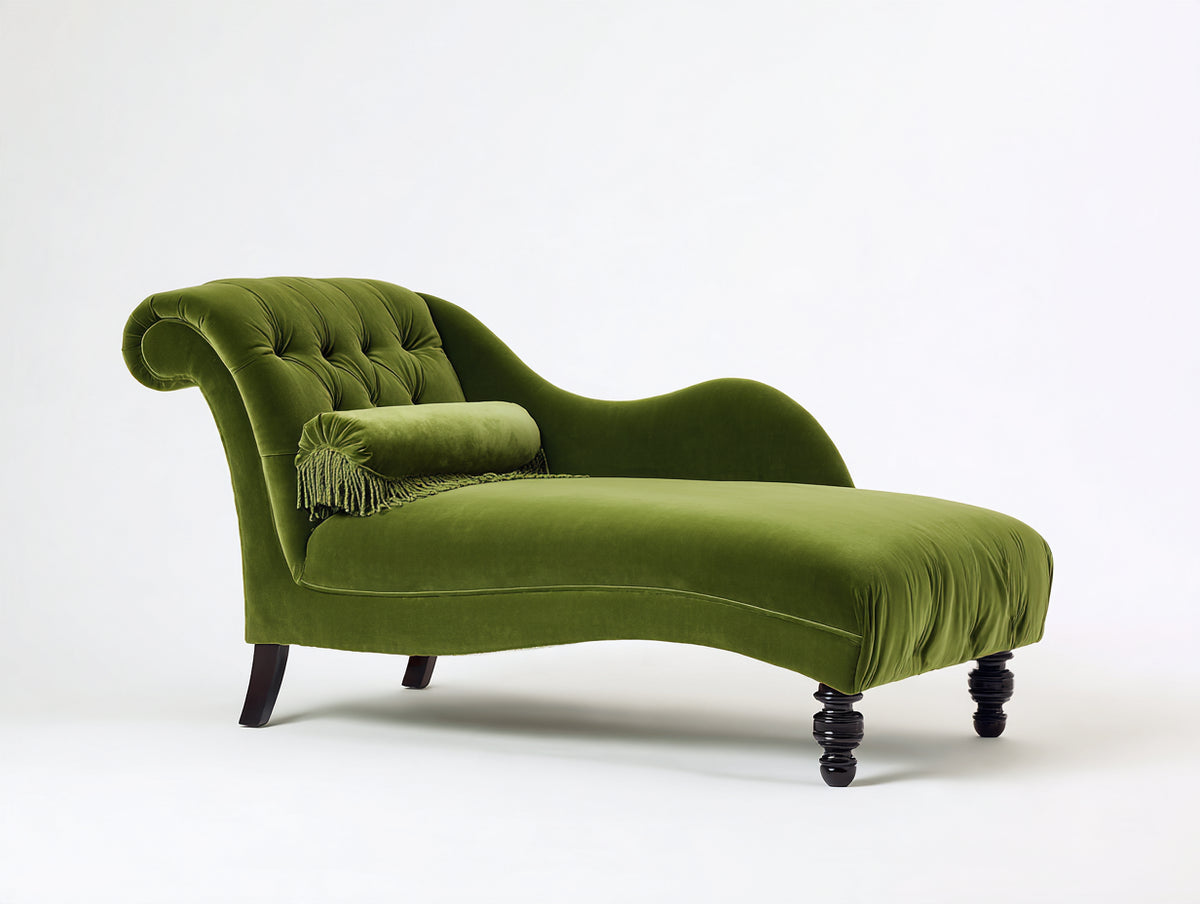 Chaise longue - velluto-legno - 176x78x90 cm - verde oliva - stile classico capitonné